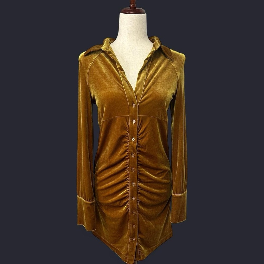European Urban Outfitters Mustard Crushed Velvet Bodycon Shirt Dress Size S
